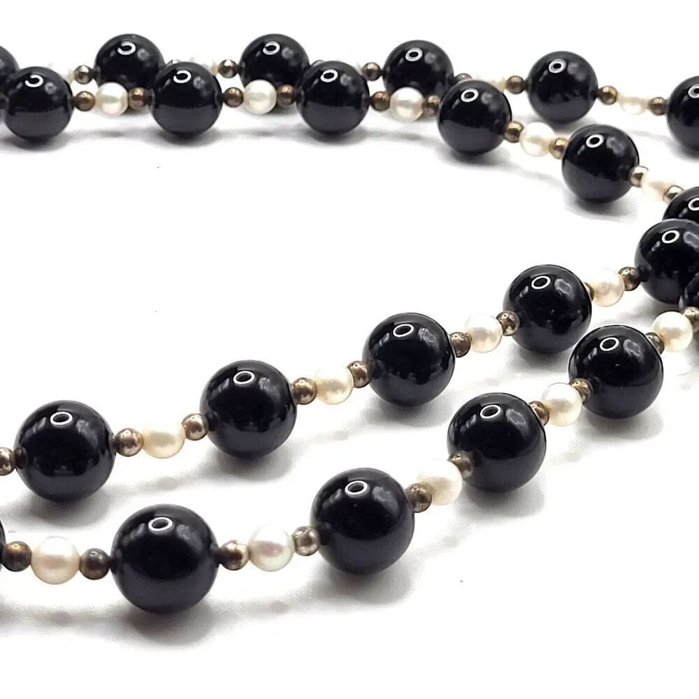 Vintage High Quality Beaded Jet Onyx Pearl Sterling Silver 28in